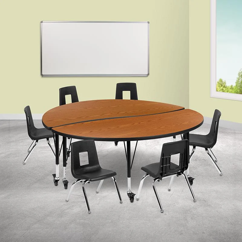 Mobile 60" Circle Wave Collaborative Laminate Activity Table Set With 14" Student Stack Chairs, Oak/Black By Flash Furniture | Dining Sets | Modishstore - 1