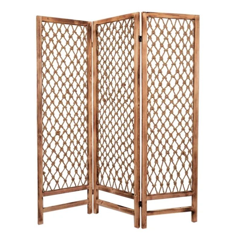 3 Panel Traditional Foldable Screen With Rope Knot Design, Brown By Benzara | Room Divider | Modishstore