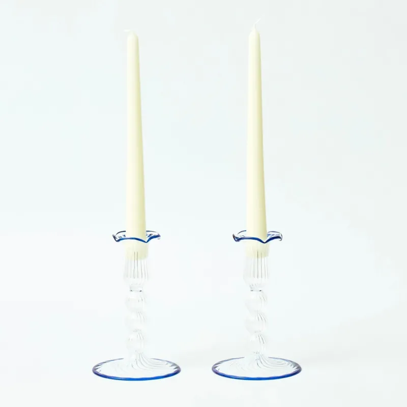 Blue Rimmed Glass Pompom Candleholders (pair)