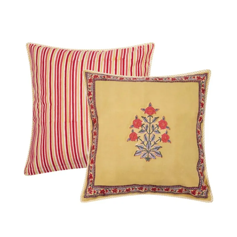 Square block printed Haldi Cushion Cover in yellows and reds