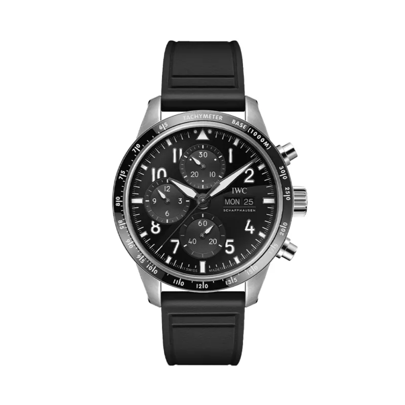 Front view of the Pilot’s Watch Performance Chronograph with titanium case black dial and black rubber strap