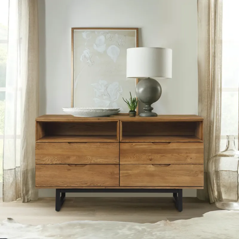 Aldo 4 Drawer Dresser in Brown Oak Wood with Black Metal Legs By Armen Living | Dressers | Modishstore
