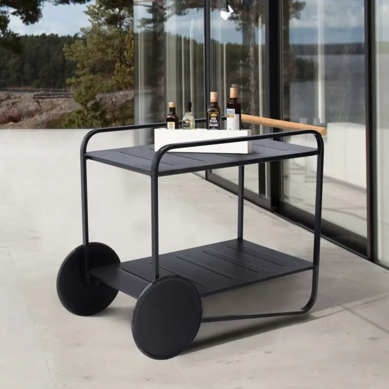 Portals Outdoor Accent Cart in Black Finish and Natural Teak Wood Accent By Armen Living | Outdoor Chairs | Modishstore