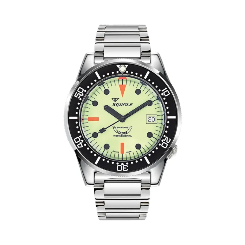 Front view of 1521 42mm Full Luminous Green on Bracelet watch with pale green luminescent dial and stainless steel bracelet