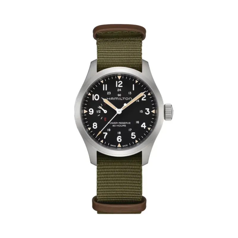 Khaki Field Mechanical Power Reserve 40mm watch with black dial on olive green fabric strap
